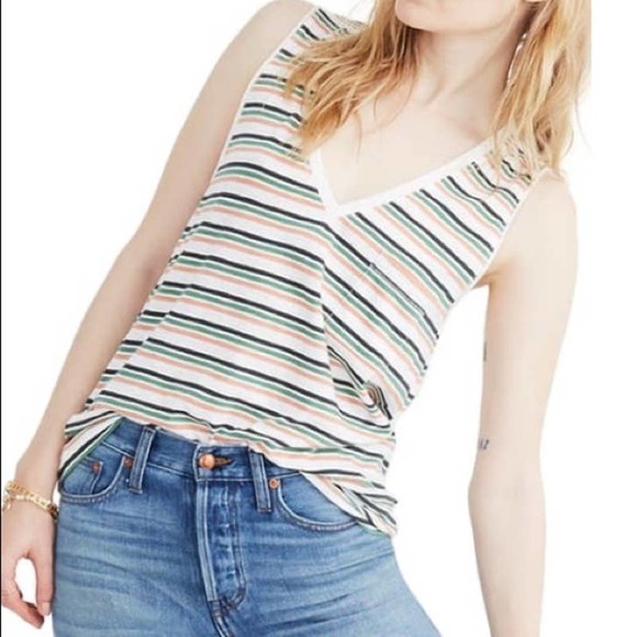 Madewell Whisper Cotton Stripe V-Neck Pocket Tank - Picture 1 of 5